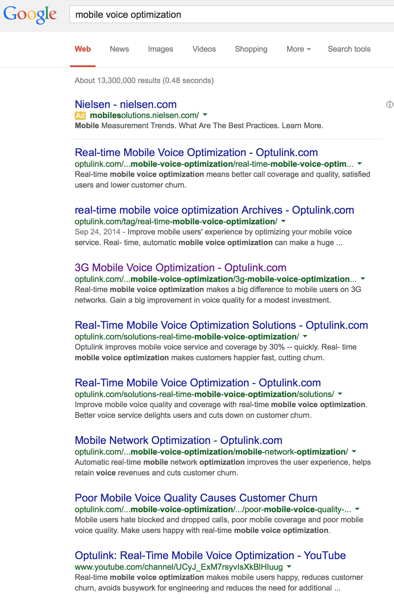 Optulink dominates the page 1 of a Google search on "mobile voice optimization "