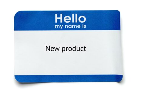 naming a new product "Hello my name is" sticker with "New product" as the name.