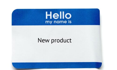 naming a new product "Hello my name is" sticker with "New product" as the name.