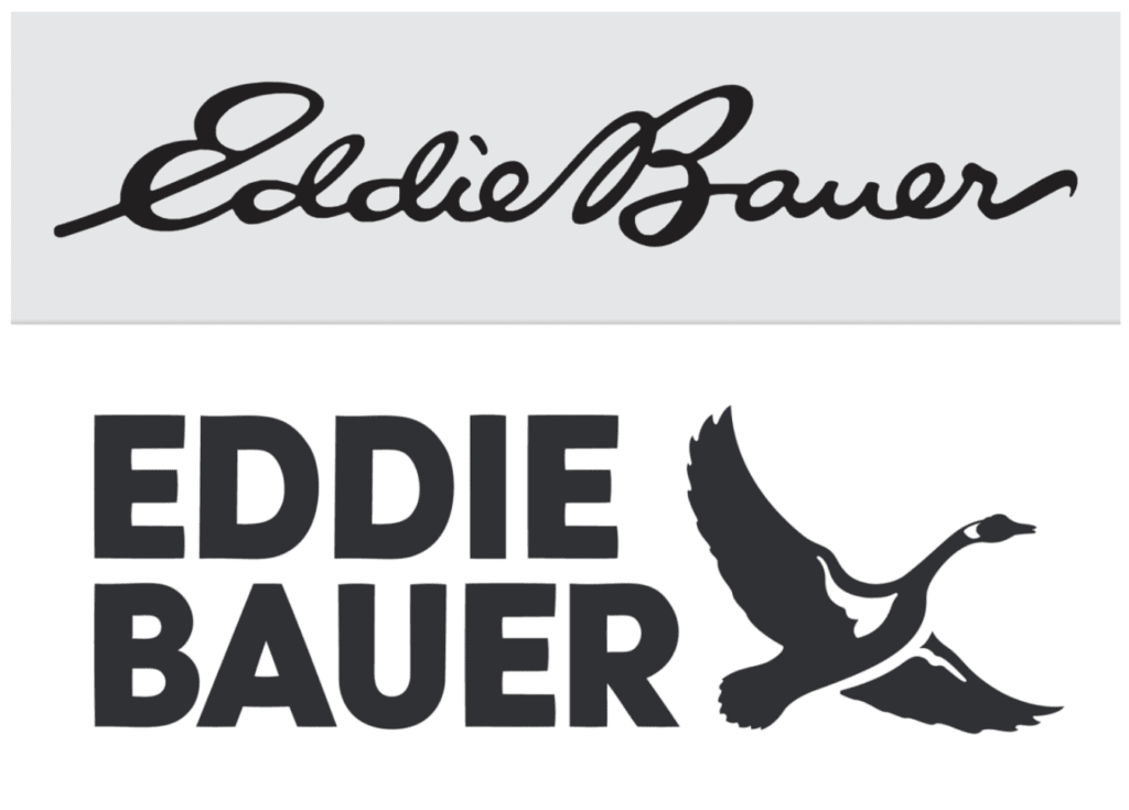 Eddie Bauer logos -- the old one with handwriting and the new one with type.