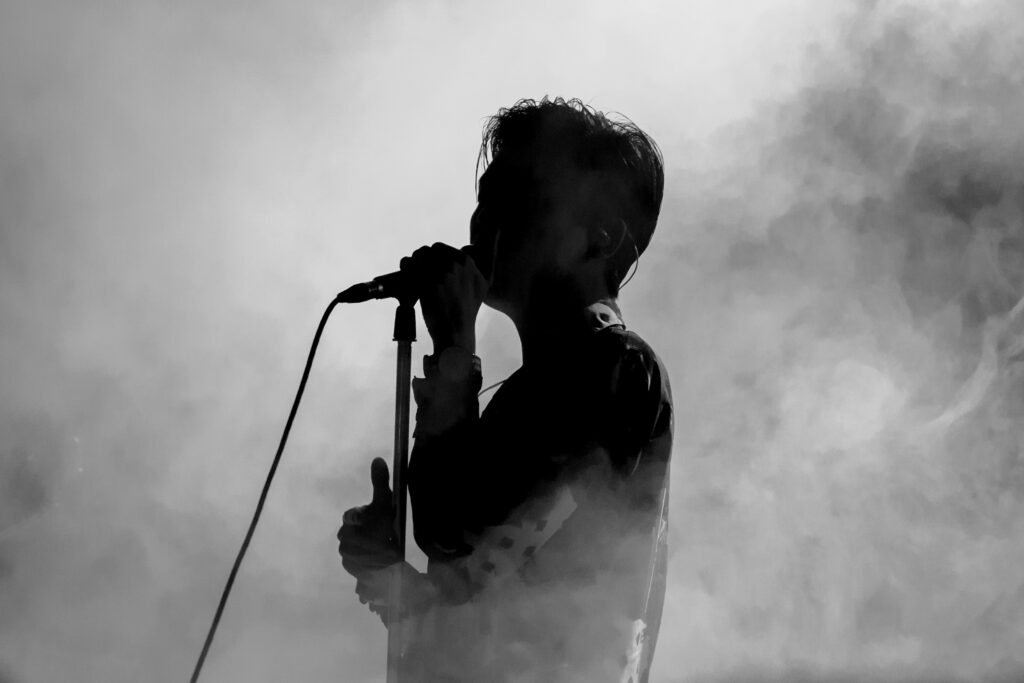 Singer on stage in silhouette 